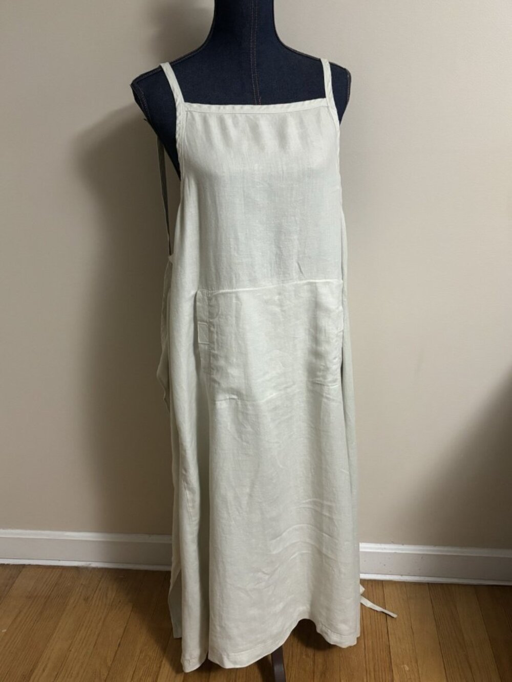 Eddie Bauer 100% Linen Maxi Dress M Beige Sleeveless Plain Wrap Tie Apron Smock